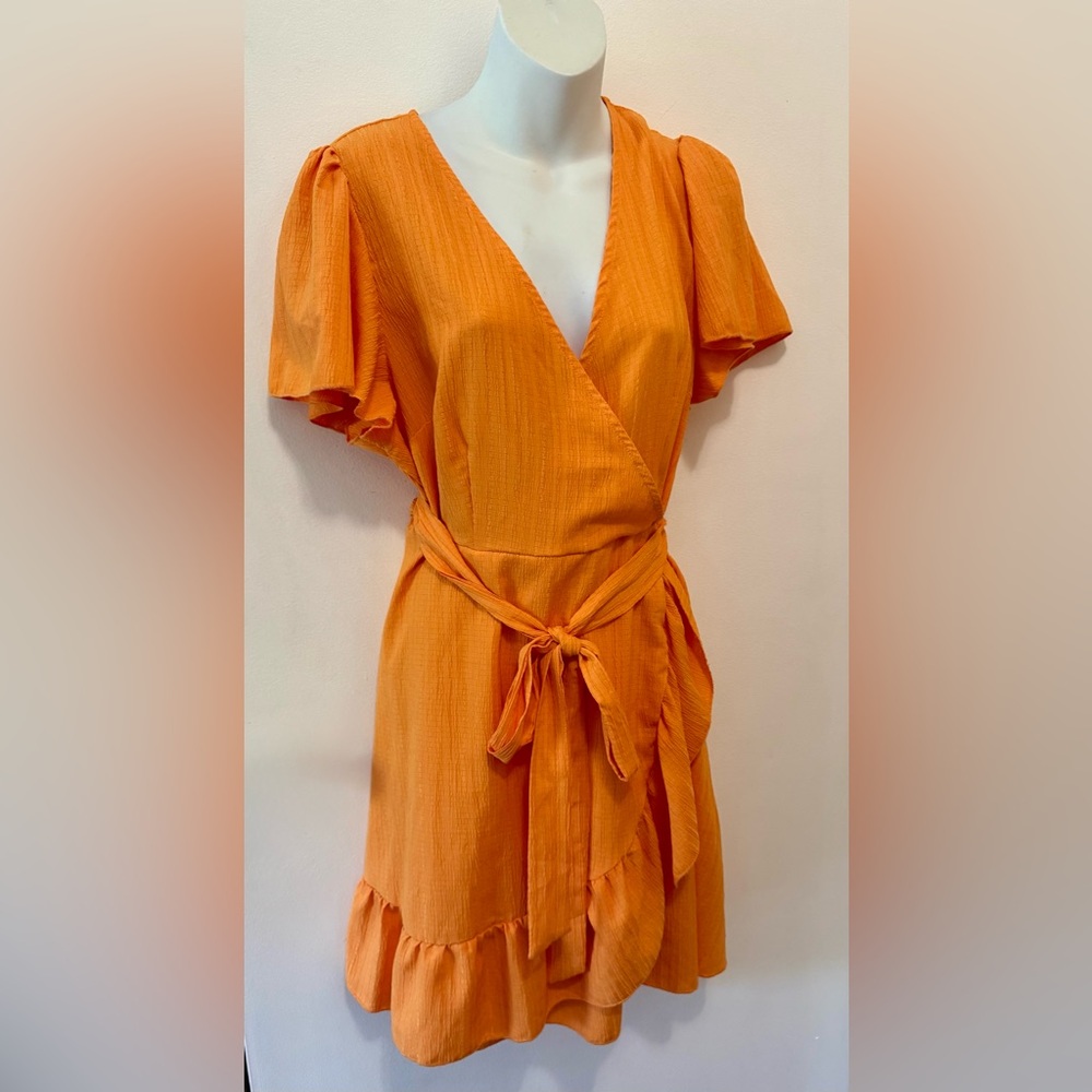 SHEIN Orange Wrap Dress with Ruffle Hem